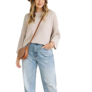 Free People Beach Knit Ribbed Boxy Batwing Oatmeal Sweater Cotton Size S